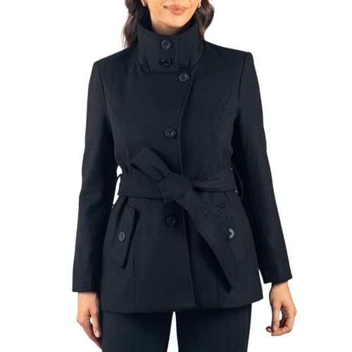 Image of Womens Belted Blazer Alpine Swiss Wool Blend Hot Convertible Funnel Neck Collar, Black Medium