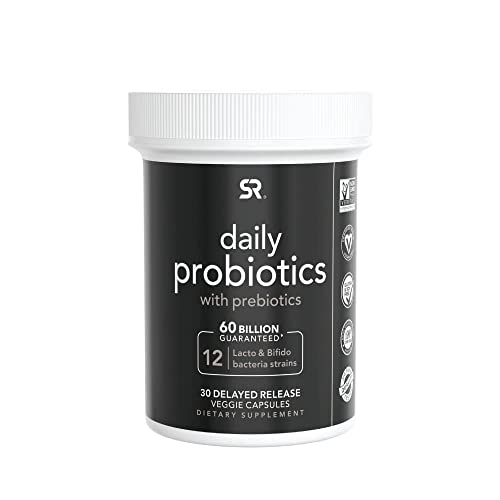 Sports Research Daily Probiotics with Prebiotics for Women & Men | Probiotic Blend with 60 Billion CFU at Expiration, Non-GMO Verified & Vegan Certified (30 Delayed-Release Veggie Capsules)