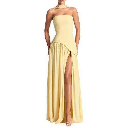 Vestido Largo sin Tirantes para Mujer, de satén Fruncido, para Fiesta de graduación, Boda, con Bufanda