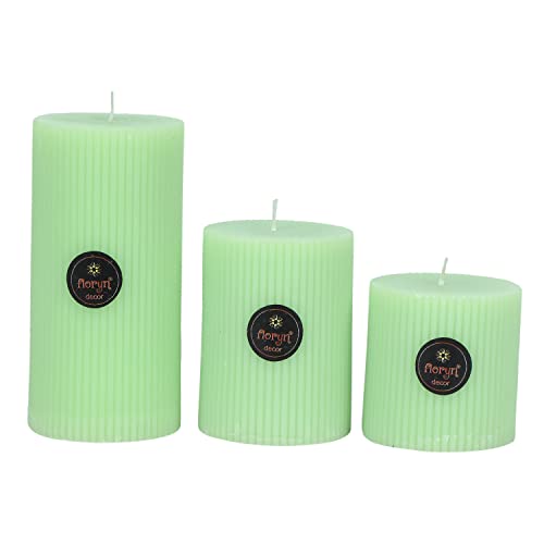 Image of Floryn Decor Premium Ribbed Lemon Grass Paraffin Wax Scented Pillar Candles, Full, 3x3, 3x4 & 3x6 inches, Set of 3