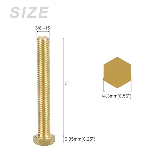 Image of METALLIXITY Hex Head Screw Bolt (3 /8-16x3) 2Pcs, Brass Fully Threaded Solid Brass Hex Bolts Machine Screws - for Machinery Repair
