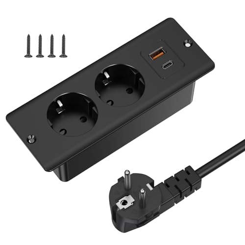 Tischsteckdose mit 2 USB und 2-Fach Steckdosenleiste, 2m Kabel, für Möbel und Arbeitsflächen