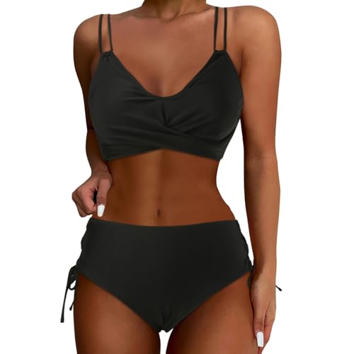 Bikini Mujer Mini Conjunto de Bikini de Cintura Alta para Mujer, Trajes de baño de Dos Piezas, Trajes de baño envolventes con Efecto Push up, Parte Superior del Traje de baño, Parte Bikini (Black, M)