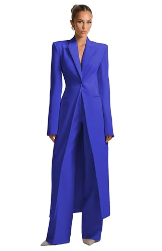 LEWIJO Royal Blue Women's Suits Slim Fit Long Coat Pant Leisure 1 Button Suits 2 Pieces Peak Lapel Blazer Trousers Luxury Office Work Tuxedos Size Large