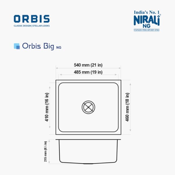 Image of NIRALI Kitchen Sink 21x18 Inch 304 Heavy Duty Stainless Steel | Single bowl Sink Round Coupling | Rust & Stain Resistant | Glossy Finish | Minimizes Sound Orbis Kitchen SInk (Glossy, 21 inch x 18 inch x 8 inch)