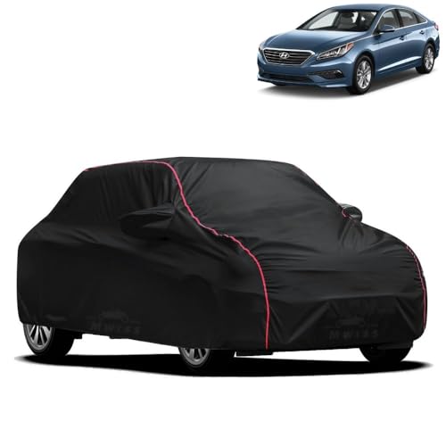 Image of Waterproof Car Cover for Hyundai Sonata | All-Weather Protection, Dustproof & UV Resistant | Triple Stitched Mirror Pockets, Windproof Buckle Strap with Elastic Hem, Black-Red Piping