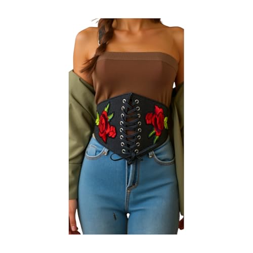 Women Fashion Black Denim Fabric Elastic Wide Corset Belt High Waist Red Flower Fit S M3