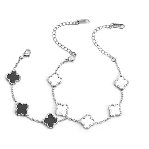 18K Gold bracelets for women Clover Bracelet Set 2Pcs White Flower Bangle Bracelet Lucky Four Leaf Stackable Bracelets Jewelry Gifts Trendy for Women non Tarnish