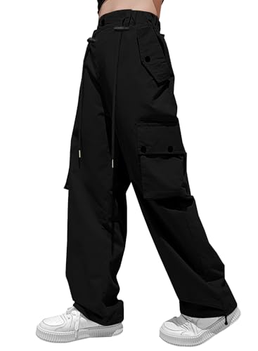 Image of HENGAO Girls Y2k Cargo Pants Drawstring Harajuku Jogger Parachute Pants with Pockets, Black,13-14 Years = Tag 170