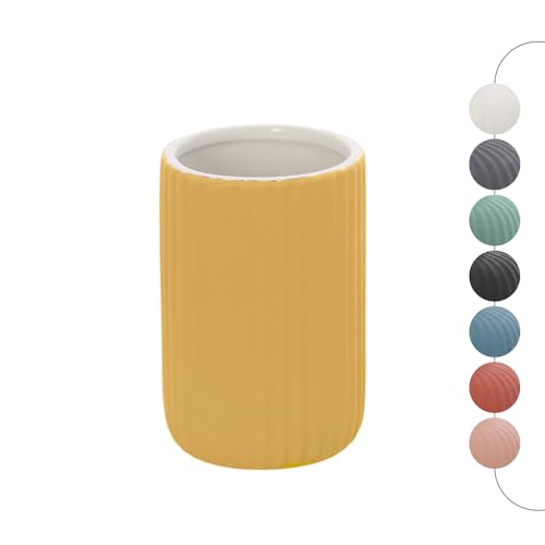Portaspazzolini bagno da appoggio giallo cannettato in ceramica soft touch, bicchiere multiuso o porta penne, SPRING