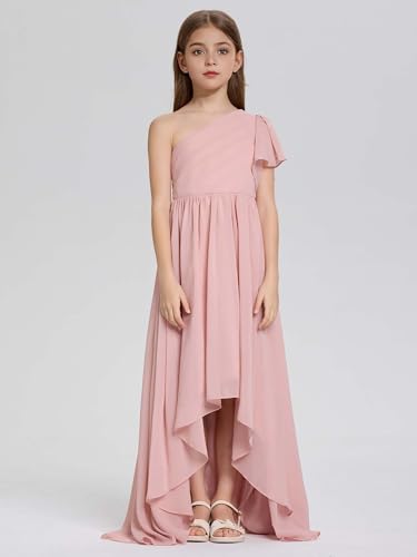 Junior Bridesmaid One Shoulder High Low Chiffon Flower Girl Dress Pleated A-Line Girls Formal Dress2