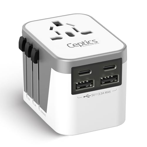 Image of Ceptics Universal Travel Adapter Plug with Dual USB-A and C Ports - Worldwide Power Adapter for Europe, UK, China, UAE, Australia - Charge Phones, Smartwatches & Tablets - Type A, C, G, I