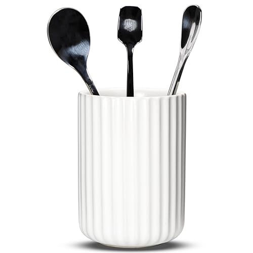 U-TIMES Ceramic Spoon Holder for Coffee Bar Upright Tea Spoon Holder Cup Coffee Stirrers Straws Stir Stick Holder White Fluted Surface
