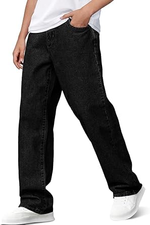 Haloumoning Jean baggy pour garçon et enfant - Coupe droite - Coupe ample - Avec poches, Noir , 13-14 ans