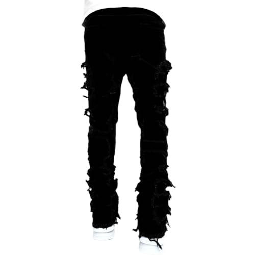 Conshvi Men's Slim Fit Stretch Jeans Distressed Patchwork Stacked Frayed Straight Leg Skinny Denim Pants2