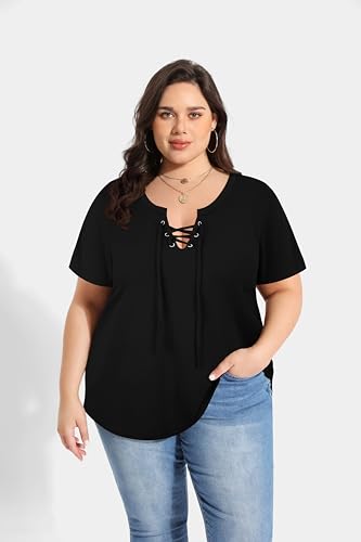 Image of CARCOS Womens Plus Size Tops Short Sleeve Shirts V Neck Tunic Floral /Tie Dye /Solid Summer Tees XL-5X