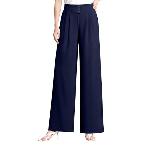 DGZTWLL - Pantalones deportivos para mujer, suaves, de cintura alta, sin cierre, pierna ancha, elásticos, para el trabajo, azul oscuro, M