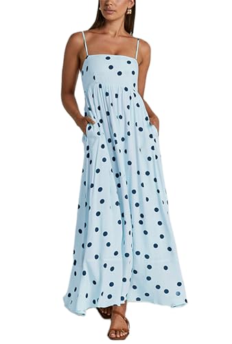 Image of Yuemengxuan Boho Maxi Dresses for Women Spaghetti Strap Flowy Smocked Long Dress Casual Summer Vacation Beach Maxi Dress