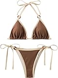 FINE STITCHING - Women's Swimsuit Contrast Binding Ring Detail Halter Triangle Tie Side Bikini Swimsuit Beachwear (Brown)
