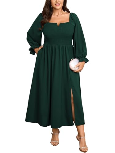 SCOMCHIC Womens Plus Size Maxi Dress Long Sleeve Square Neck Smocked Wedding Guest Flowy Split Fall Dresses with Pockets Emerald Green