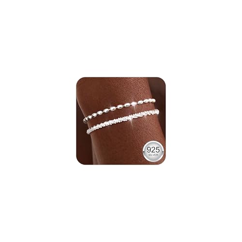Diamday 2Pcs Pulsera Mujer Plata de Ley 925 Pulseras Ajustable Dainty Pulseras Apilables Beaded Cadena Pulsera Plata Joyas para Mujer Niñas Regalos