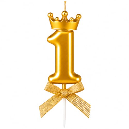Image of Number 1 Cake Decoration Unscented Wax Candle with Crown for Birthday, Wedding, Engagement, Theme Party, Bachelorette Celebration 1 Pc Gold