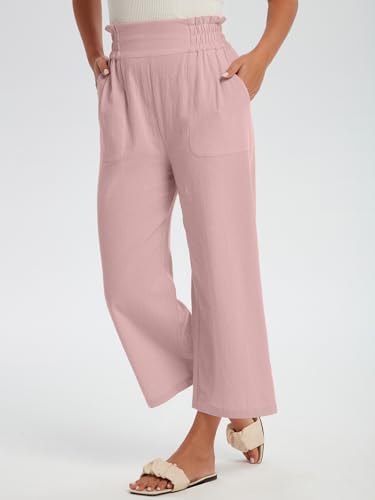 Les umes Womens Cropped Cotton Pants Elastic Waist Wide Leg Capris Casual Summer Trousers with Pockets2