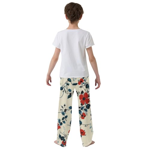 Boys' Pants Red Flowers Blue Leaves Long Bottoms Jogger Pants Elastic Waist Trousers with Pockets S-XL3