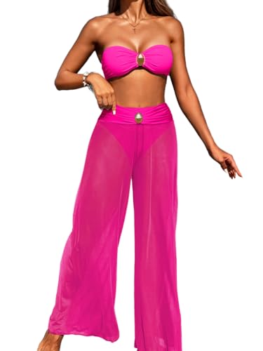 Women 3 Piece Sexy Swimsuit, Bandeau Strapless Bikini Set, Color Block High Waisted Bathing Suit Cover Up Pants Beach