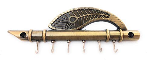 Image of Collectible India Metal Krishna's Flute and Peacock Quills Wall Stand Key Chain Holder with Six Hooks (Golden, 18cm x 6cm)