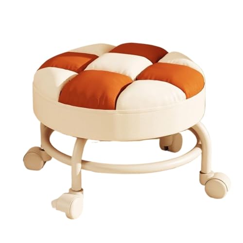 Taburete corto con ruedas, con ruedas con asiento de rodillo amplio, taburetes redondos bajos de piel sintética suave para el hogar, jardín, masaje, oficina, garaje, tienda, fitness, deporte (naranja)