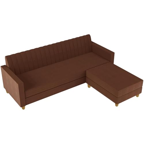 Image of Rosebell 3 + 1 Wooden 4 Seater L-Shaped Sectional Sofa Set | Space-Saving Velvet Couch for Living Room & Office |Modern Convertible Design - Brown Color