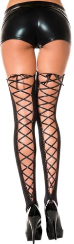Image of ToBeInStyle Women's Lace Up Back Seam Tights Sheer or Opaque Hosiery Stockings Crisscross Lace Ribbon Zigzag Design