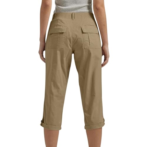 Dressy Capri Pants for Women Button Elastic Waist Capris Chino Pants Summer Knee Length Bermuda Shorts with Pockets4