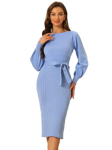 Image of Allegra K Women's Knit Pleated Dresses Casual Belted Midi Sweater Dress