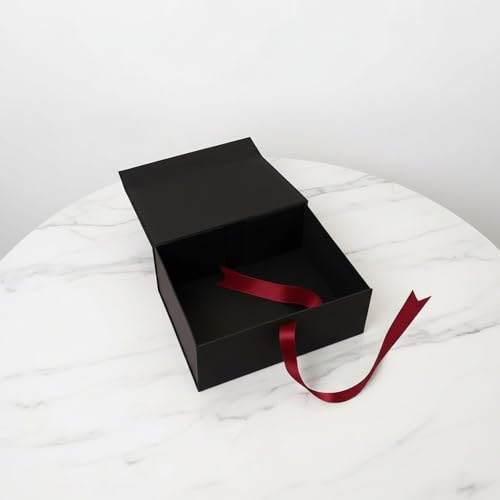 Image of Awestuffs Premium Black Gift Boxes with Red Ribbon, Decorative Gift Packaging Boxes (23 x 16 x 10 cm) for Hampers, Return Gifts, Weddings, Birthdays & Corporate Gifts (Pack of 6)