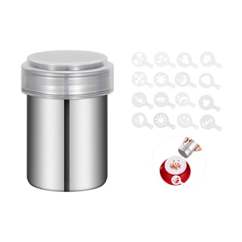 FURREN Spargi Cacao in Polvere Piccolo Spargi Zucchero a Velo e Cacao con 16 Stampini per Caffè Shaker per Cioccolato in Acciaio Inox Spargicacao Decora Cappuccino con Coperchio per Cannella Caffe