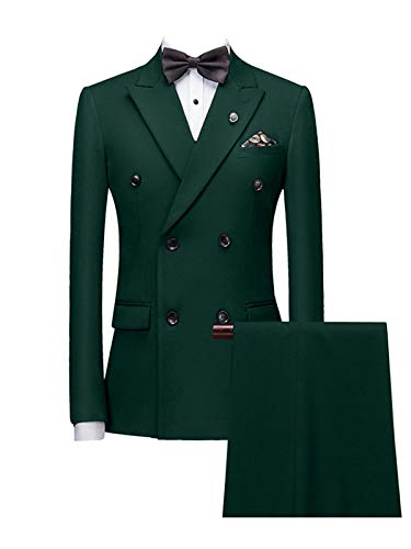 GATMSTZ Mens Slim Fit 2 Pieces Double Breasted Suit Men Jacket Pants Peak Lapel Wedding Formal Party Homecoming Deep Green