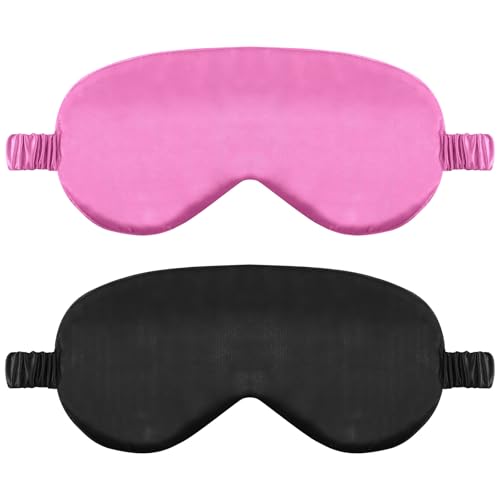 Paquete de 2 antifaz de seda para dormir, de satén suave con correa elástica, cómodas máscaras para dormir de noche para mujeres y hombres (negro y morado)