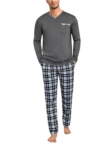 Leversic Pijama de Invierno Hombre Algodón Conjunto de Pijama a Cuadros Conjunto de Ropa de Dormir de Cuello Redondo Pijama de Manga Larga y Pantalones de Dormir a Cuadros Largos(Gris Oscuro,3XL)