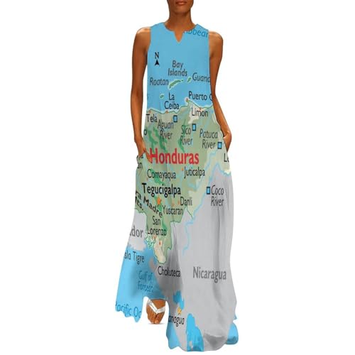 Puxufody Maps of Honduras Womens Maxi Dresses Summer Flowy Swing Casual Long Dress M