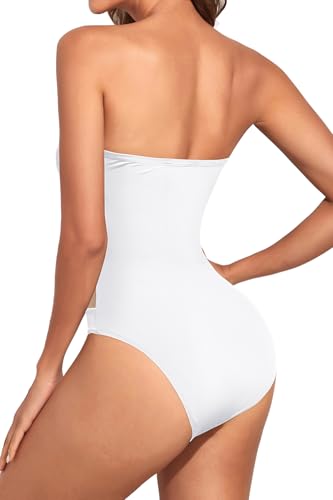 Image of Holipick Women Sexy One Piece Swimsuit Strapless Bathing Suits | Bandeau Neckline, Mesh Cutout Design, Push Up Removable Pads, High Cut, Removable Straps, Pool Beach Cruise Resort