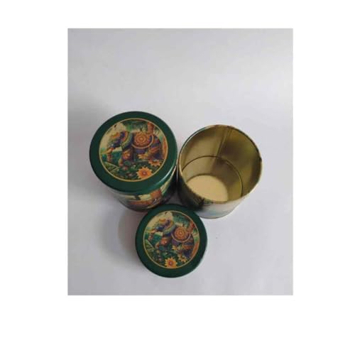 Decorative Metal Storage Tin,green and Gold Elephant and camel Design, 10.2 x 7.6 cm, Cylindrical Container with Lift-off Lid