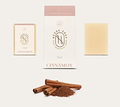 Nesos Soap Cinnamon – Turkish Made - Natural , Handmade and Artisanal, Virgin Olive Oil, Traditional Cold Process, Luxury Designer Moisturizing Body Bath Bars for Men and Women -100g