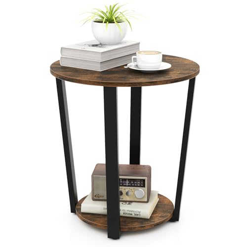 COSTWAY Industrial Side Table, 2-Tier Rustic Coffee Snack Table Laptop Desk, Home Office Round End Table for Living Room Bedroom Balcony (Rustic Brown)