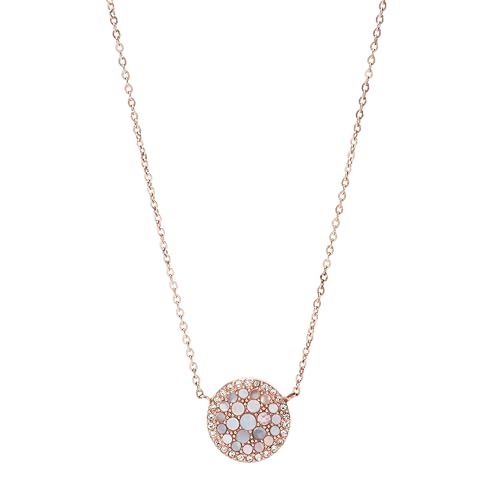 Collier pendentif rond Fossil acier rose doré pour femme avec mousqueton