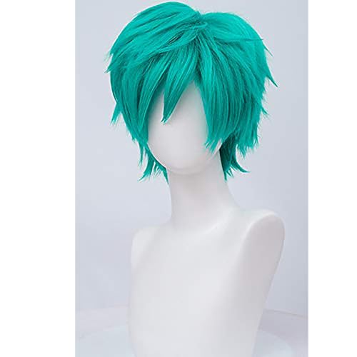 Image of LABEAUTE Unisex Short Teal Green Cosplay Wig Male Man Woman With Bangs Anime Fluffy Cosplay Hair Wigs for Party and Halloween for Gift + Free Cap