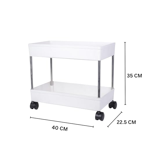 Image of Multipurpose 2-Tier Storage Shelf, Storage Rack with Wheels, Storage Organizer Cart for Kitchen, Pantry Closet, Bedroom, Bathroom(2 Layer, White)