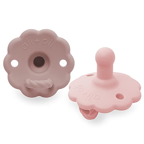 Image of Ali+Oli Pacifier for Baby (2-pk) Set Daisy Flower Scallop (Blush-Pink) Concaved Shield Newborn Pacifiers, BPA-Free Silicone Baby Pacifier Set, Baby Binkies, Chupones para Bebes