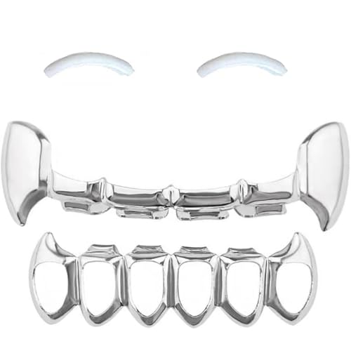 SSyang 18K Hip Hop Teeth, Grills for Mouth Braces Decoration, with 2 Silicone Moldings Hip Hop Teeth, Grills for Mouth Top Bottom Music Festival Party Hip Hop Rapper Decorations, Silver